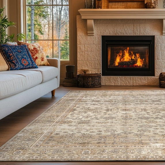nuLOOM Sia SplashGuard Vintage Floral Machine Washable Area Rug, 8', Round, Sia Beige