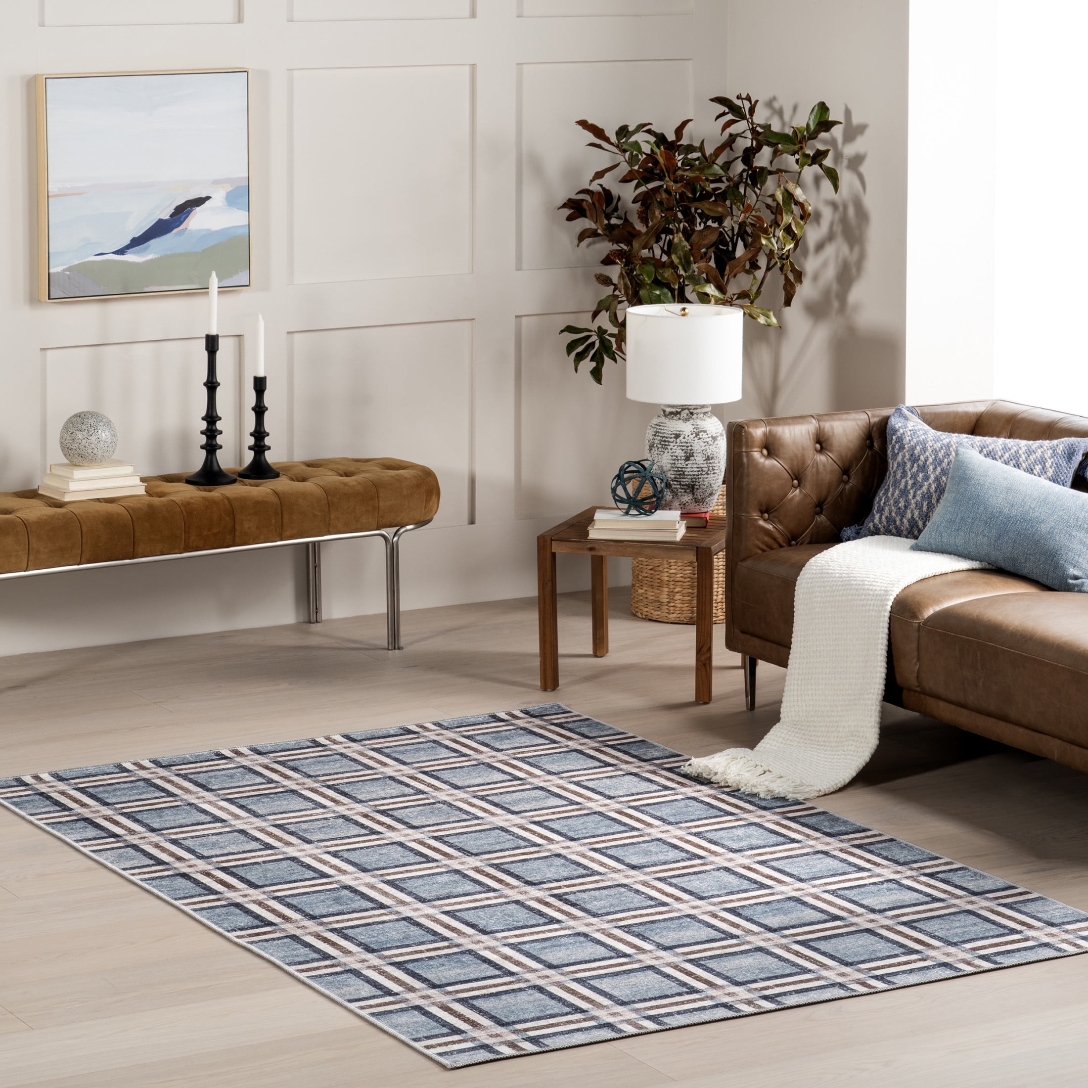 Nuloom Steph SpinClean Windowpane Plaid Machine Washable Area Rug, 5' x 8', Steph Blue