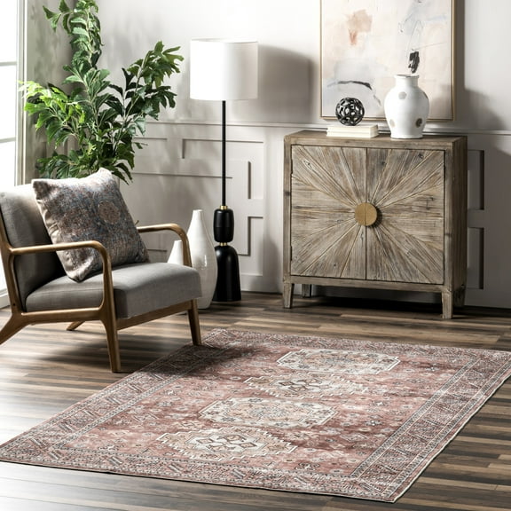 nuLOOM Tindra SpinClean Faded Multi Medallion Machine Washable, 4' x 6', Tindra Blush Pink