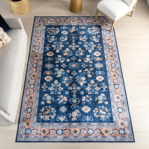 nuLOOM Verity SplashGuard Traditional Medallion Machine Washable Area Rug, 4' x 6', Verity Blue