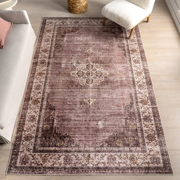 nuLOOM Winnie SplashGuard Distressed Medallion Machine Washable Area Rug, 4' x 6', Winnie Blush