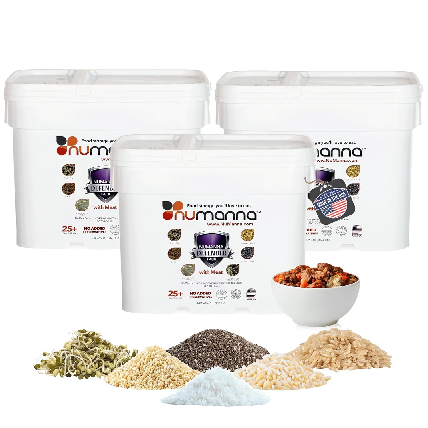 Numanna Defender Pack with Meat Bucket 648 Servings | 3-Month Emergency Food Supply with Protein | Easy-to-Prepare Survival Meals for Prepping, Camping & Daily Use | 25+ Year Shelf Life | Made in USA