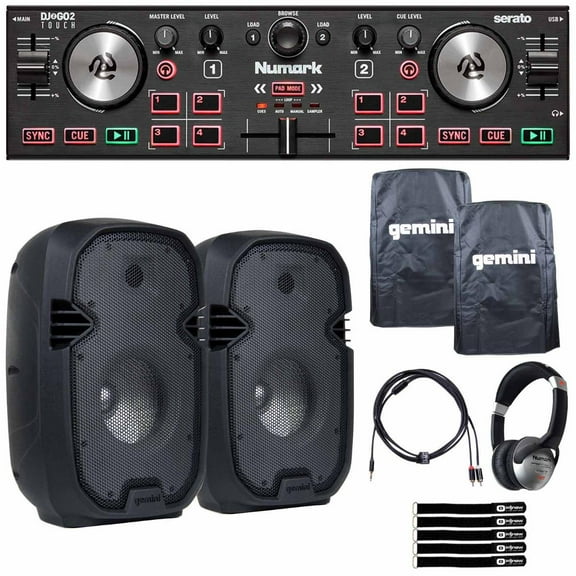 Numark DJ2GO2 Touch Pocket DJ Controller with Gemini PartyBox Rave8 8" Rechargeable Powered Speakers Package