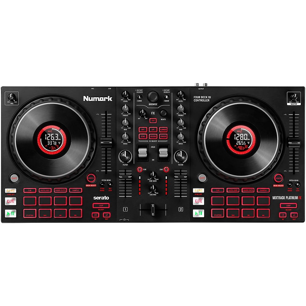 Numark Mixtrack Platinum FX - DJ Controller for Serato with 4 Deck Control,  Mixer, Built-in Audio Interface, Jog Wheel Displays and Paddles