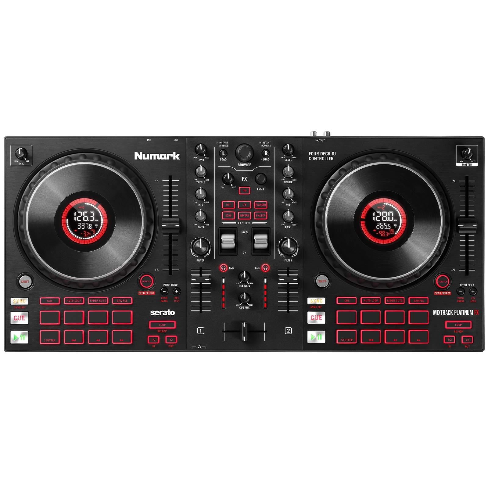 Numark Mixtrack Platinum FX - DJ Controller for Serato with 4 Deck Control,  Mixer, Built-in Audio Interface, Jog Wheel Displays and Paddles