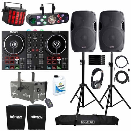 Numark Party Mix II Built-In Light Show DJ Controller with 15" Active Speakers & Lighting Effects Package