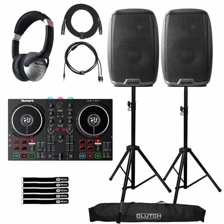 Numark Party Mix II Built-In Light Show DJ Controller with Gemini AS-2115BT Active 15" Loudspeakers Package