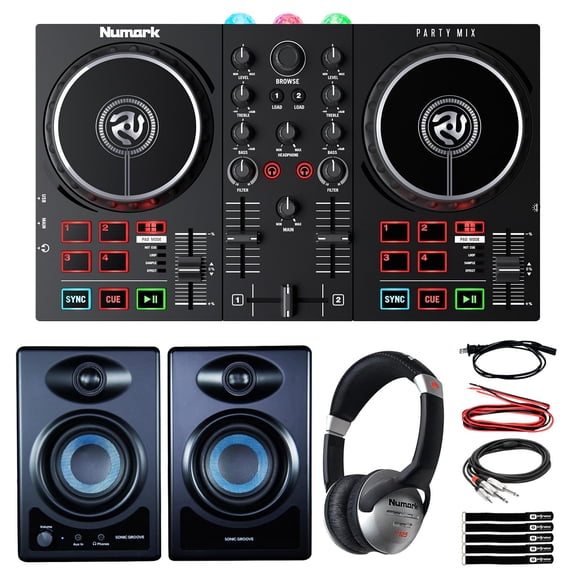 Numark Party Mix II DJ Controller with Built-in Lightshow & Powered Studio Monitors DJ Package