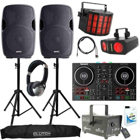 Numark Party Mix II DJ Controller with Gemini AS-1500BLU 15" Bluetooth Active Speaker & Chauvet DJ Effect Lights Package