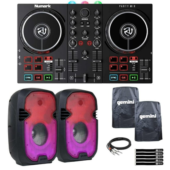 Numark Party Mix II DJ Controller with Gemini PartyBox Rave8 8" LED Powered Speakers Package