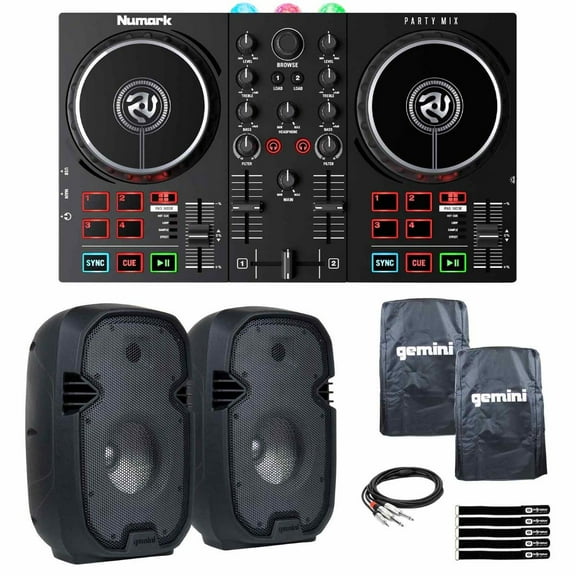 Numark Party Mix II DJ Controller with Gemini PartyBox Rave8 8" Powered Speakers Package