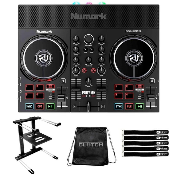 Numark Party Mix Live Built-In Light Show and Speakers DJ Controller with Black Professional Laptop Stand Package