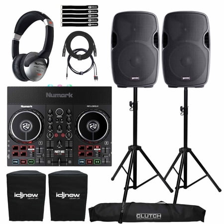 Numark Party Mix Live Built-In Light Show and Speakers DJ Controller with Gemini AS-1200P 12"Active Speakers Package