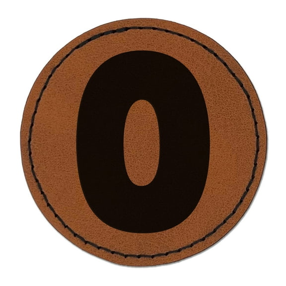 Number 0 Zero Fun Bold Font 2.5" Faux Leather Round Engraved Iron-On Patch - Brown