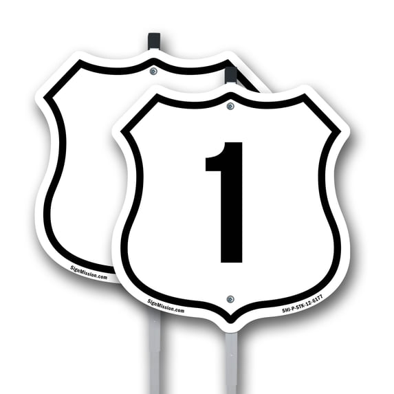 Number 1 (2 Pack) 12 inch X 12 inch Shield Shaped Rust-Free Aluminum Metal Signs with Aluminum Mounting Stakes Weather Resistant Made in the USA