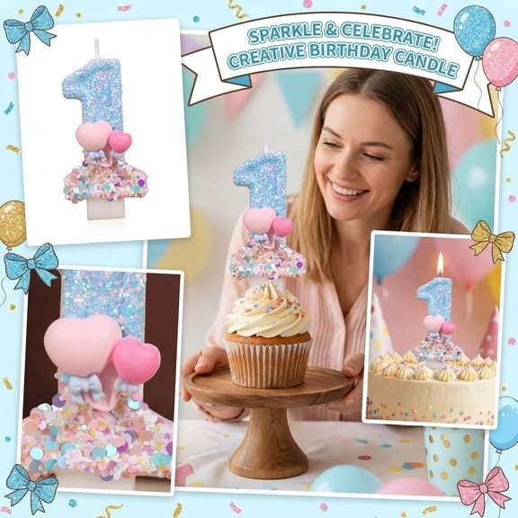 Number 1 Candle, Birthday Cake Candle, 1St Birthday Candle, Pastel Birthday Decorations, Glitter Confetti Heart Decorative Candle with Pink Heart and Small Blue Bow Accents for