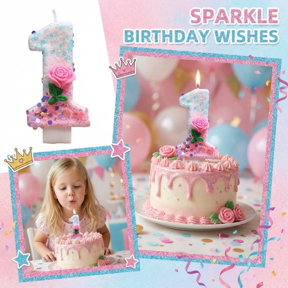Number 1 Candle, First Birthday Candle, 3 in Height, Pink Confetti Glitter, Flower Birthday Party Decorations, First Birthday Cake Topper, Pink Birthday Decorations, 1 Pc