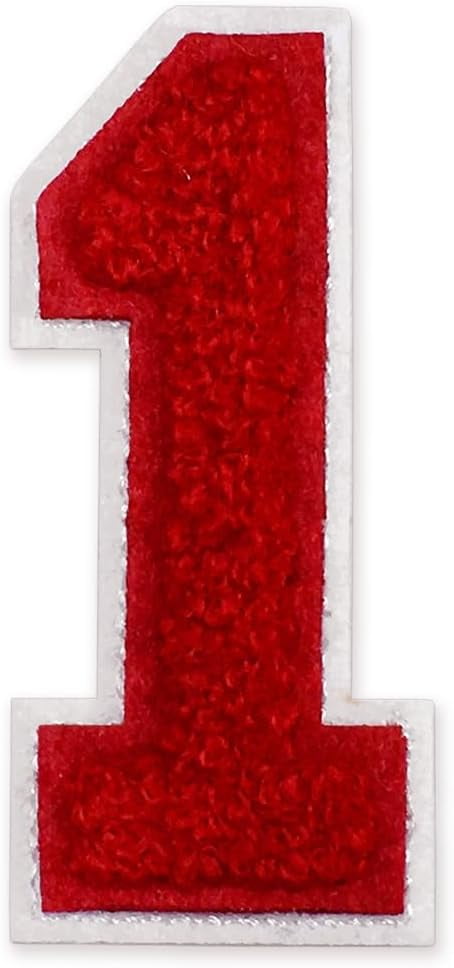 Number 1 - Chenille Embroidery Varsity Iron-On Patch by pc, 2-1/2", TR-12244 (Red/White)
