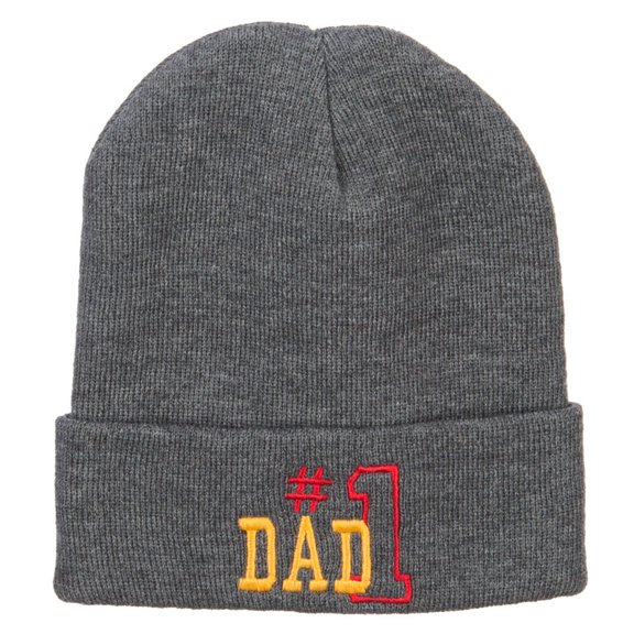 Number 1 Dad Outline Embroidered Long Beanie - Grey OSFM