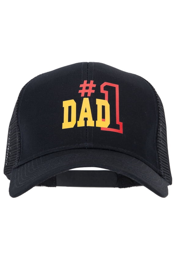 Number 1 Dad Outline Heat Transfer Solid Cotton Mesh Pro Style Cap - Black OSFM
