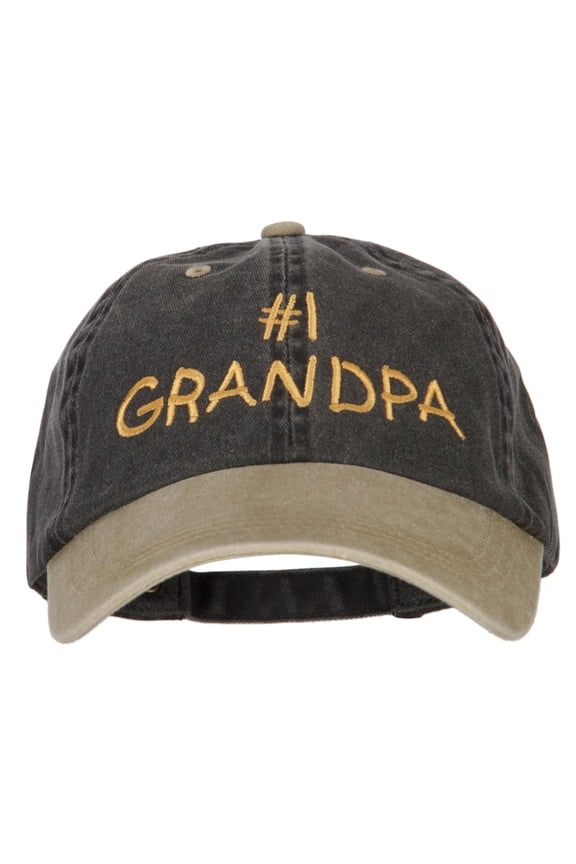 Number 1 Grandpa Letters Embroidered Pigment Dyed Wash Cap - Black Khaki OSFM