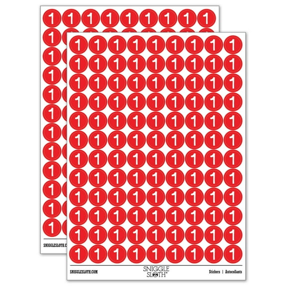 Number 1 One Cute Typewriter Font 200+ Round Stickers - Red - Matte Finish - 0.50" Size
