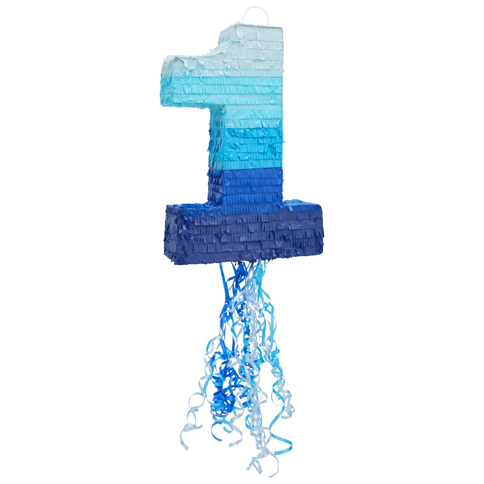 Number 1 Pull String Pinata for Boys, 1st Birthday Party Decorations, Ombre Blue (16.5 x 11.5 x 3 In)