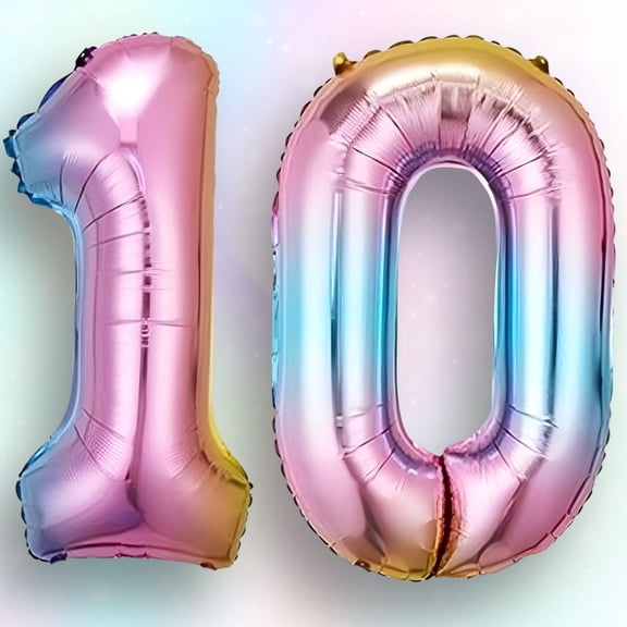 Number 10 Balloon Pastel Rainbow Gradient 40 inch - Helium/Air Fill Multicolor Mylar Foil Balloons for 10th Birthday Party, Anniversary & Grade 10