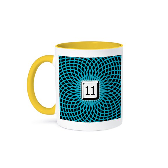3drose, Number 11-hypnotic Blue Geometric Symmetry under White Keyboard Button, 11oz Two-tone Yellow Mug
