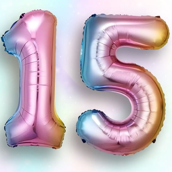 Number 15 Balloon Pastel Rainbow Gradient 40 inch - Helium/Air Fill Multicolor Mylar Foil Balloons for Quinceanera 15th Birthday Party & Anniversary