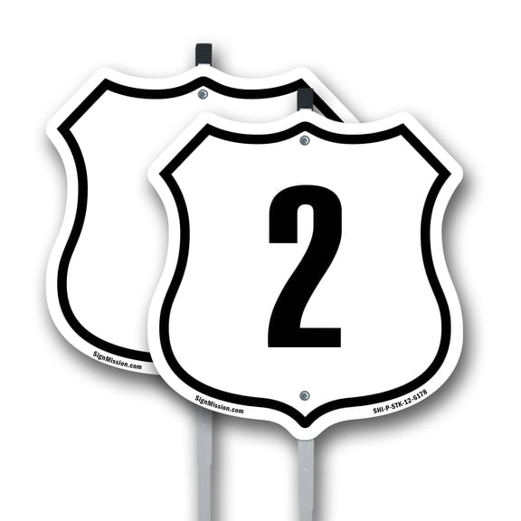 Number 2 (2 Pack) 12 inch X 12 inch Shield Shaped Commercial Grade Plastic Signs with Aluminum Mounting Stakes Weather Resistant Made in the USA
