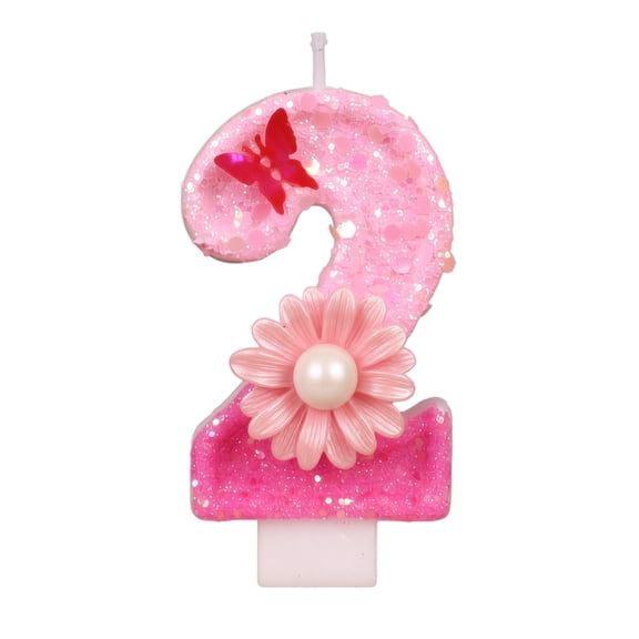 Number 2 Birthday Cake Candle with Glitter, Flower, and Butterfly, Single Piece, Pink, for Second Birthday, Cake Decoration