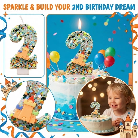 Number 2 Birthday Candle, Cartoon Castle Glitter Design, 1 Piece, Suitable for Kids 2nd Birthday Party Cake Decoration