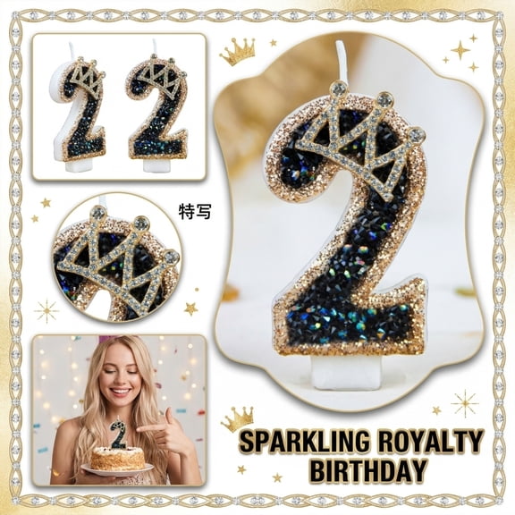 Number 2 Birthday Candle, Glitter Rhinestone Crown, 1 Piece, for Birthday Party Celebration