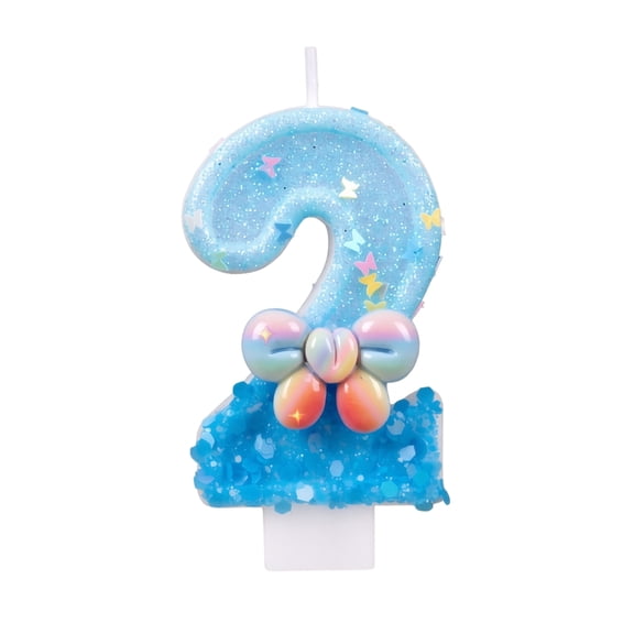 Number 2 Birthday Candle with Gradient Blue Glitter and Pastel Bow, Single Piece, Blue and Rainbow Design, for Second Birthday Celebration, Cake Decoration
