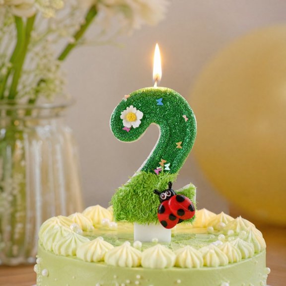 Number 2 Birthday Candle with Glitter Finish, Ladybug and Flower Accents, 3.5 Inches, Green, for 2Nd Birthday Cake Topper, Candle Decoration
