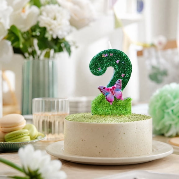 Number 2 Birthday Candle with Green Glitter and Pink Butterfly Design, Single Piece, Green and Pink, for 2Nd Birthday Party Cake Decoration