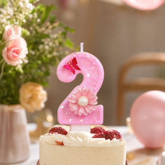 Number 2 Birthday Candle with Pink Glitter,Butterfly and Daisy Flower Design,for Girls 2Nd Birthday Party,Cake Decoration