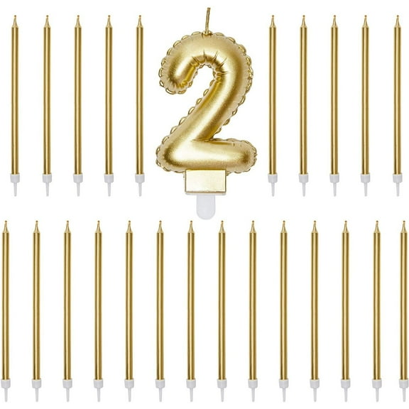 Number 2 Cake Topper with Candles in Holders for 2nd Birthday (Gold, 25 Pieces)