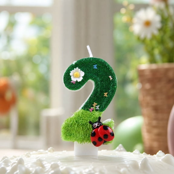 Number 2 Candle with Glitter Grass and Ladybug Decoration,Green,for Birthday Party,Cake Candle