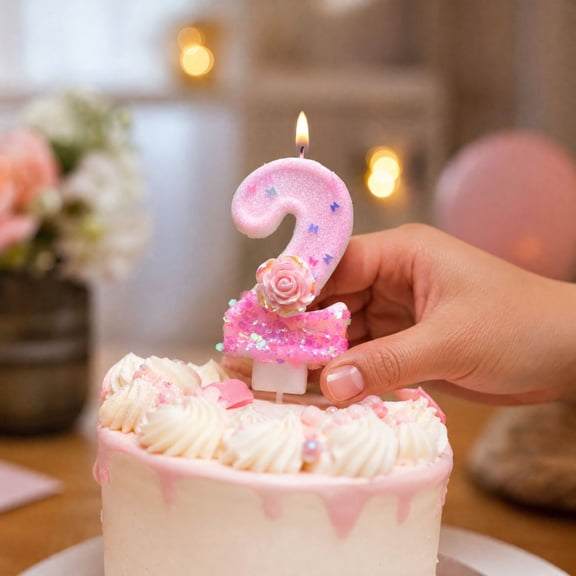 Number 2 Candle with Pink Rose and Glitter Design,Pink,for Birthday Party,Cake Decoration