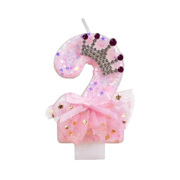 Number 2 Candle with Rhinestone Crown and Pink Tulle Bowknot, Single Piece, Pink Glitter Design for 2Nd Birthday Girl, Cake Decoration
