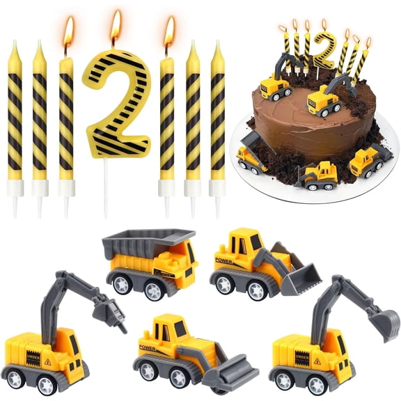 Number 2 Construction Birthday Candles, 12 Pcs Construction Cake Toppers Set, Digger Cake Topper for Birthday Anniversary Party Cake Decorations