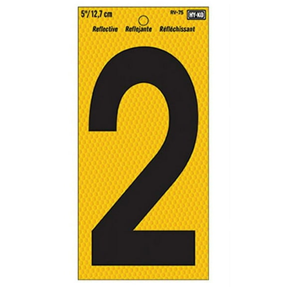 Hy-Ko Reflective Number 2 Vinyl Sticker - Weather-Resistant, Adhesive - 5 In, Yellow