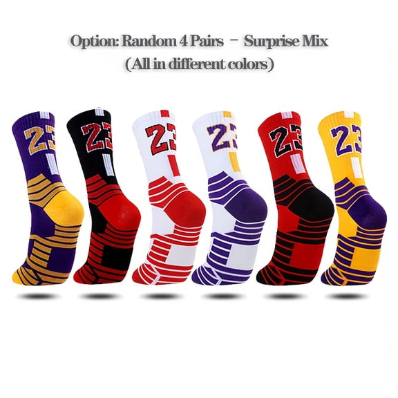 Number 23 Star Theme Sports Socks - 4 Pairs Men's Random Colors - Unique Style - Casual Athletic Socks, Youth - Unisex, College Sweat-Absorbent Breathable Non-Slip Trendy Minimalist Sporty Style