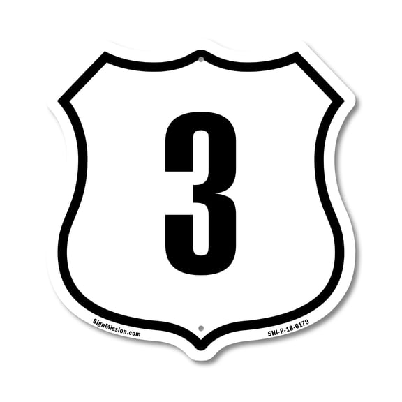 Number 3 12 inch X 12 inch Shield-Shaped Rust-Free Aluminum Metal Sign Weather Resistant Made in the USA