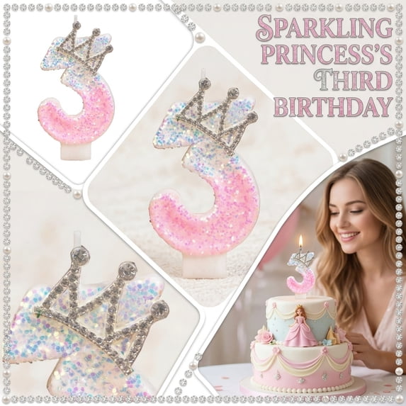 `Number 3 Birthday Cake Candle Crown Topper Iridescent Pink Princess Theme Party Decorations for Student Girl 3Rd Birthday`