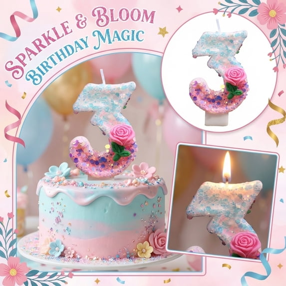 Number 3 Birthday Candle, 1St Birthday Cake Topper, 3 In, Floral Birthday Decorations, Pink Birthday Decor, Glitter Sequin Finish, Third Birthday Confetti, 1 Pc