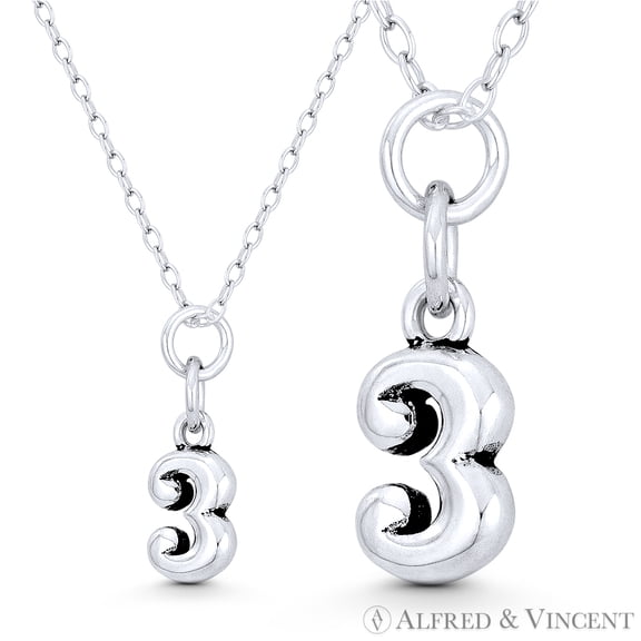 Number "3" Charm Numerical Charm Pendant & Chain Necklace in Oxidized .925 Sterling Silver