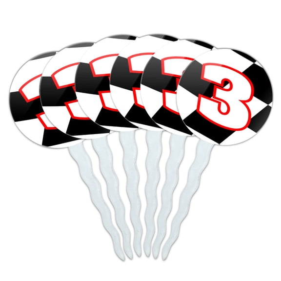 Number 3 Checkered Flag Racing Cupcake Picks Toppers - Set of 6